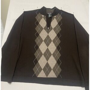 Marco Fiori Wool 1/4‎ Zip Pullover Sweater Mens 2XL Brown Argyle Long Sleeve